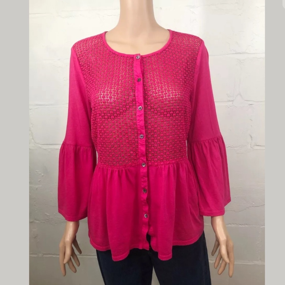 Three Dots Cut Out Peplum Top Pink Long Bell Sleev
